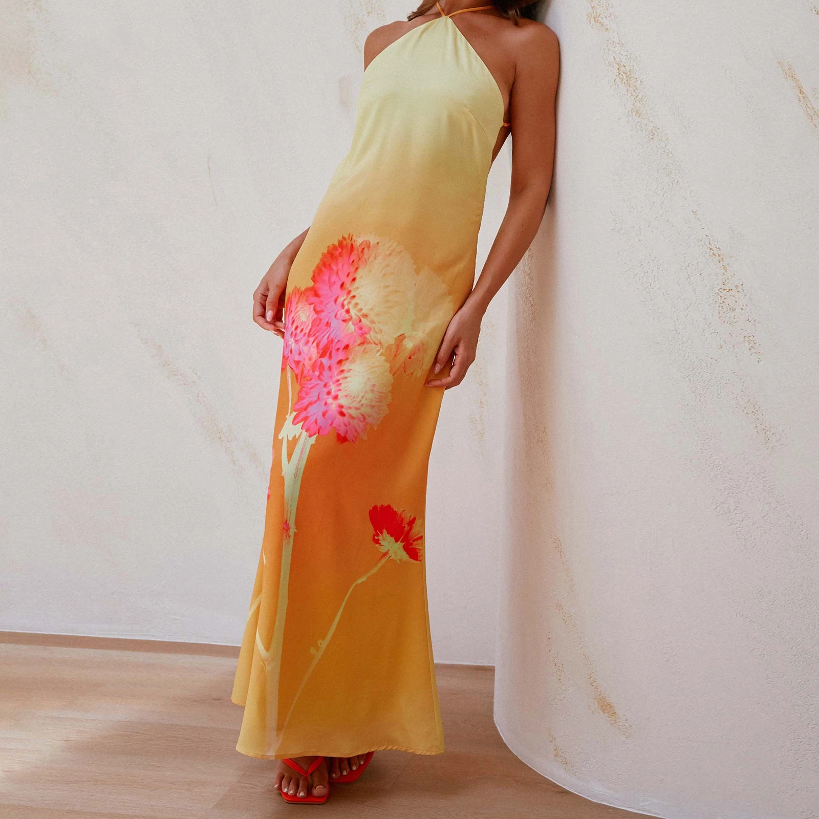 Combhasaki feminino verão halter pescoço estético flor impressão alças finas ajustáveis sem costas fino ajuste em camadas vestido longo de festa