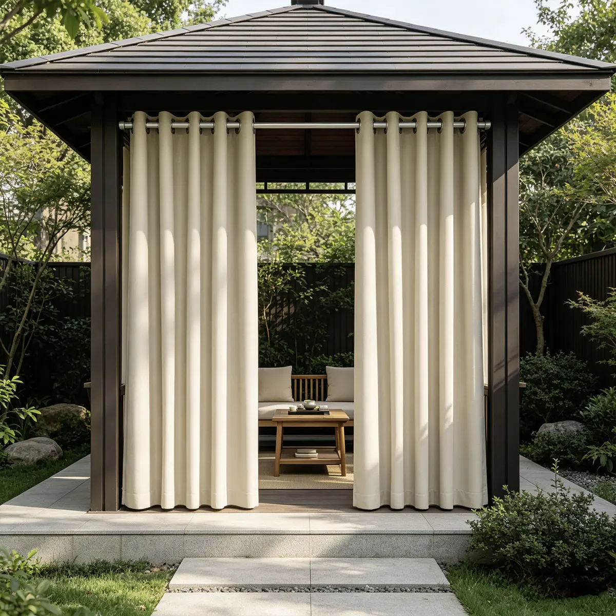 2 Panels Cream Weatherproof Outdoor Curtains, Modern Functional Style, High Precision Water Resistant Drapes for Outdoor Living