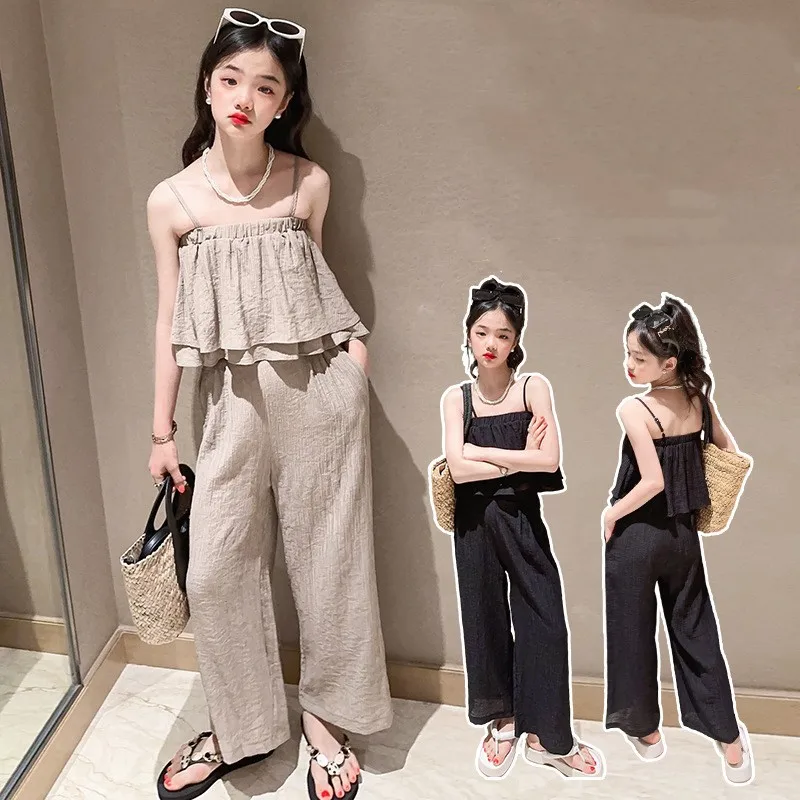 Teenage Girls Clothing Sets Summer Children Fashion Sling Tops + Wide Leg Pants 2Pcs Outfits Kids Tracksuit 4 6 8 10 12 14 Years