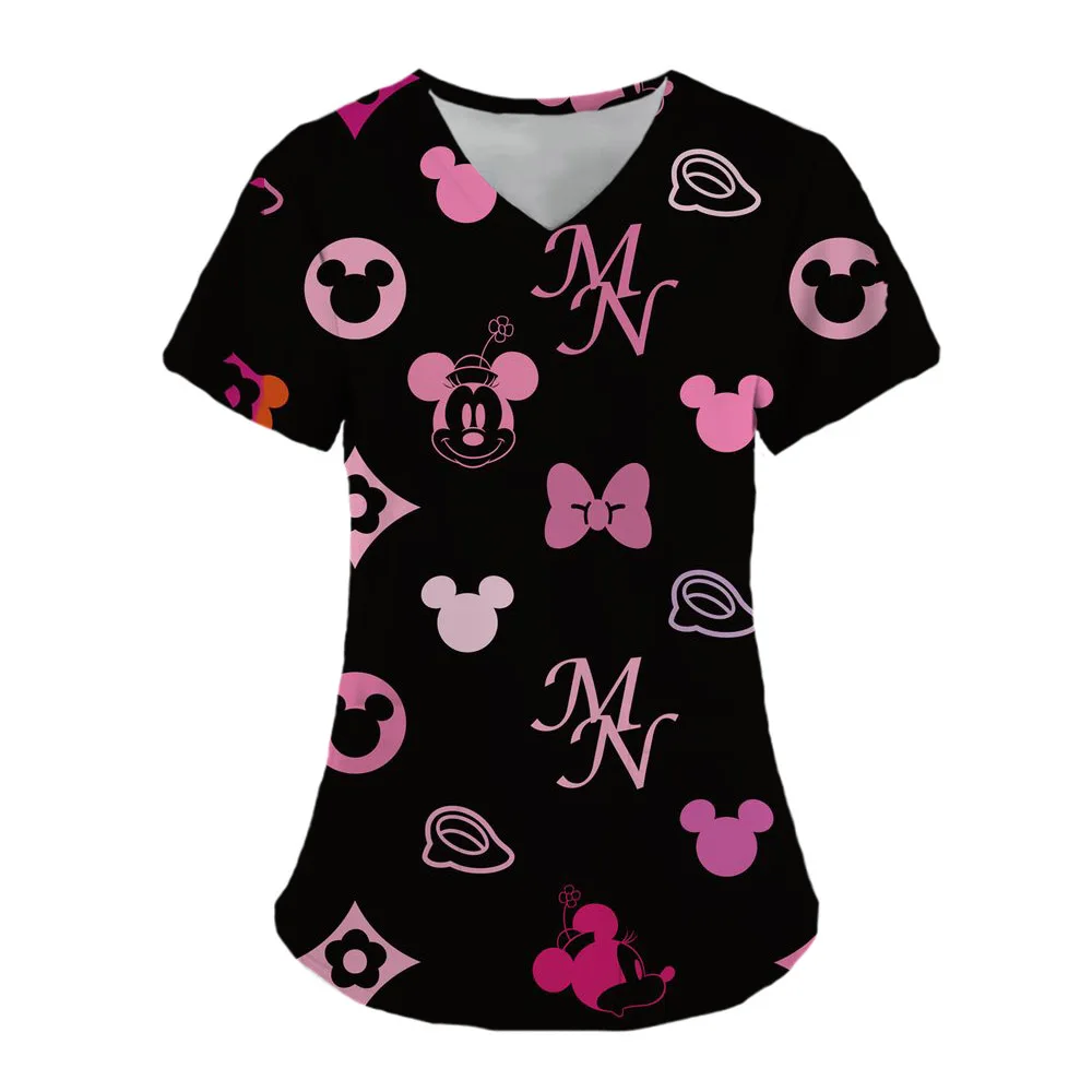 Vrouwen Verpleegster Uniform Disney Mickey Mouse Print Medische Korte Mouw V-Hals Tops Werkende Verpleegster Uniform Tshirt Met Zakken