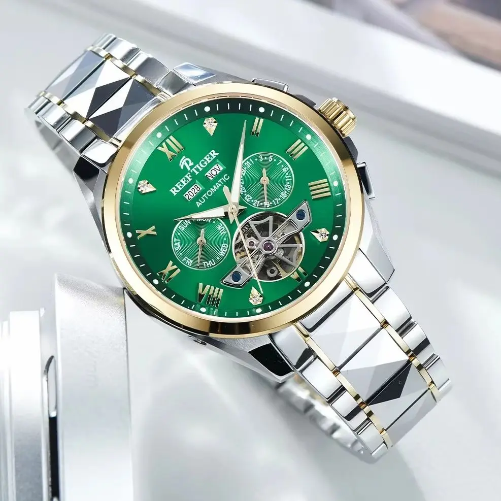 

Мужские автоматические часы Reef Tiger 41,5 мм, механические наручные часы с люминесцентным сапфировым стеклом, многофункциональный циферблат с отображением года, месяца, недели, даты и индикатором дня недели.