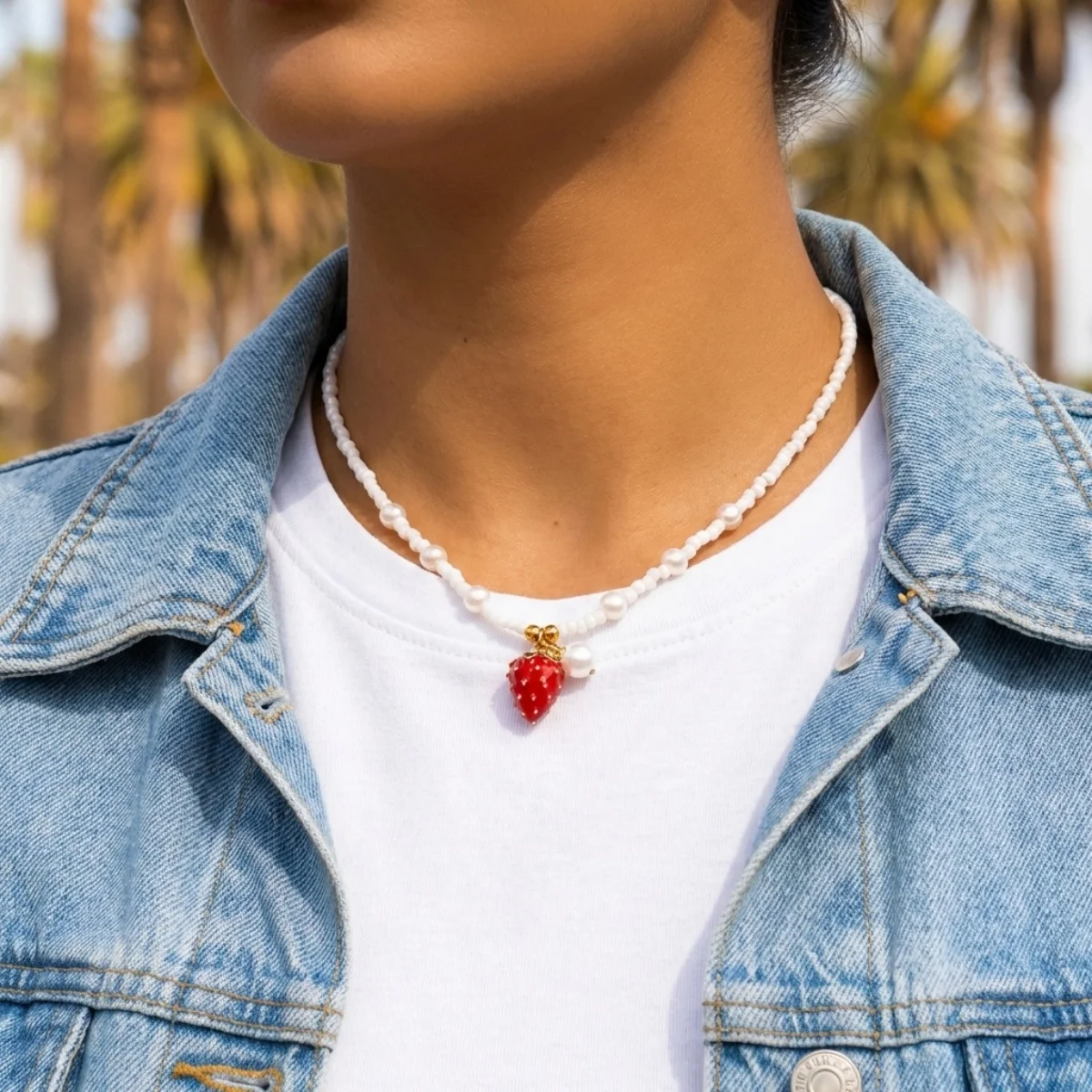 Reisperlen-Erdbeer-Anhänger-Halskette für Damen und Herren, süße, niedliche Kirsch-Herz-Schleifen-Quasten-Halskette, Y2K-Sommer-Modeschmuck – Detail 7