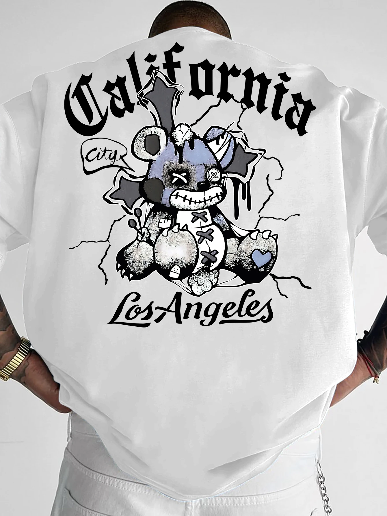 Oversized Dark Gothic Voodoo Bear T-Shirt California LA City Vintage Hip Hop Back Large Print Men Tee