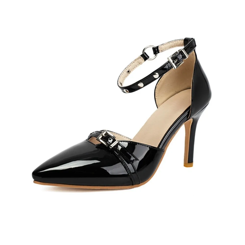 

Туфли-лодочки из лакированной кожи с острым носком, большие размеры 34-48, женские босоножки с ремешком на щиколотке, элегантные туфли для торжественных случаев, черные, розовые, бежевые F8-23