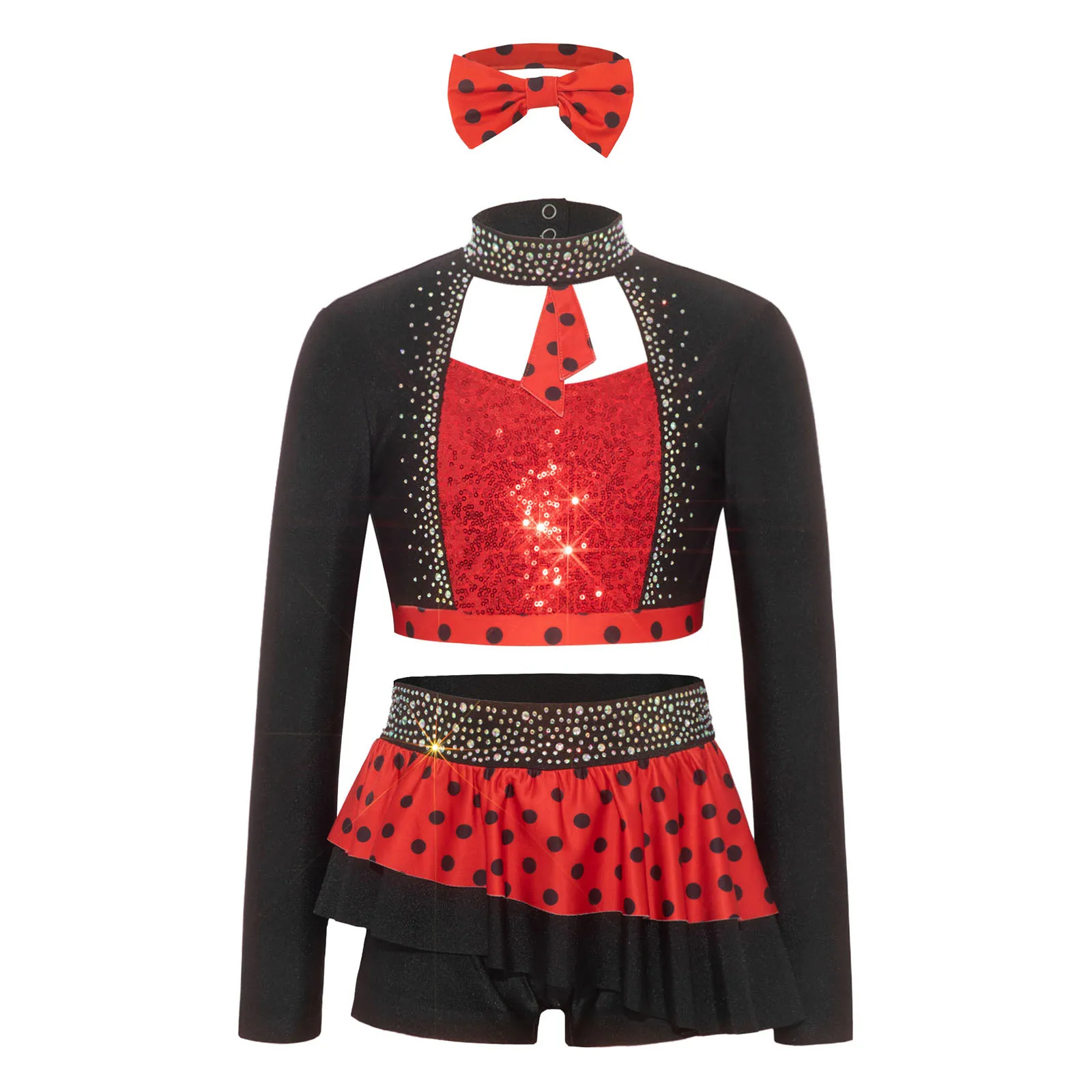 

Girls Sparkly Rhinestone Jazz Dance Costume Cutout Long Sleeve Crop Top Skirted Shorts Hairtie Breathable Stretchy Competition
