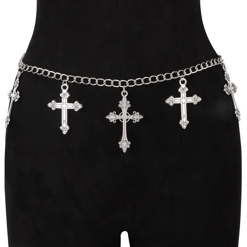 Cadena de cintura gótica plateada con cruz, colgante de cruz multiornamentado, cinturón de pantalón de metal fino con eslabones cubanos para mujer, para falda