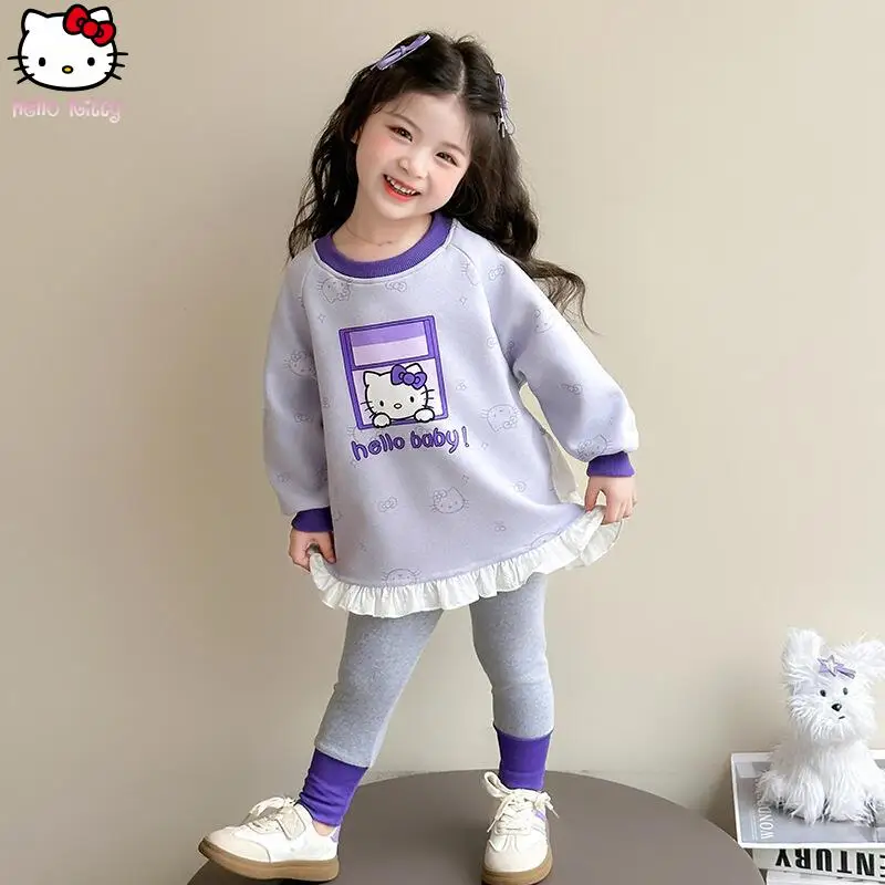 

2Pcs Hello Kitty Sanrio T Shirt Skirt Set Girls Tight Trousers Children Spring Fall Casual Clothe Kawaii Fashion New Sweet Tops