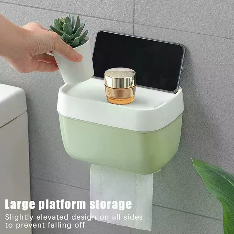 Wall-Mounted Toilet Paper Holder With Tissue Dispenser & Storage-Easy Adhesive Installation Creative Roll Paper Box Space-Saving