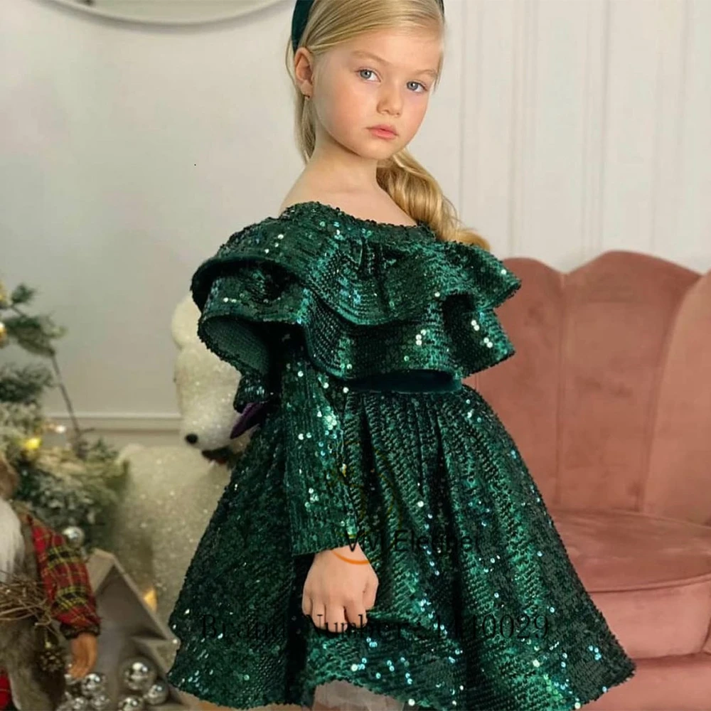 Charming Scoop Flower Girl Dresses for Girls with Sequined Tiered 2023 New Full Sleeve Wedding Party Gowns فساتين اطفال للعيد