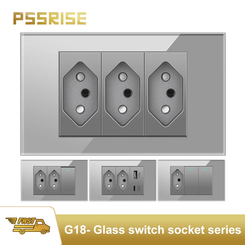 

PSSRISE Brazil Grey Wall Switch Socket with 5V 2.1A USB Type-c Charger Power Outlet Tempered Glass Panel Light Switch 118mm*74mm