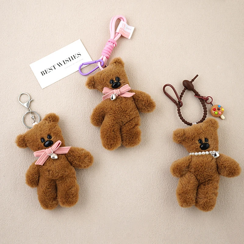 Funny Small Bear Doll Keychain For Bag Pendant Creative Plush Brown Bear Pendant Cute Keyrings For Car Keys Accessories  Gifts