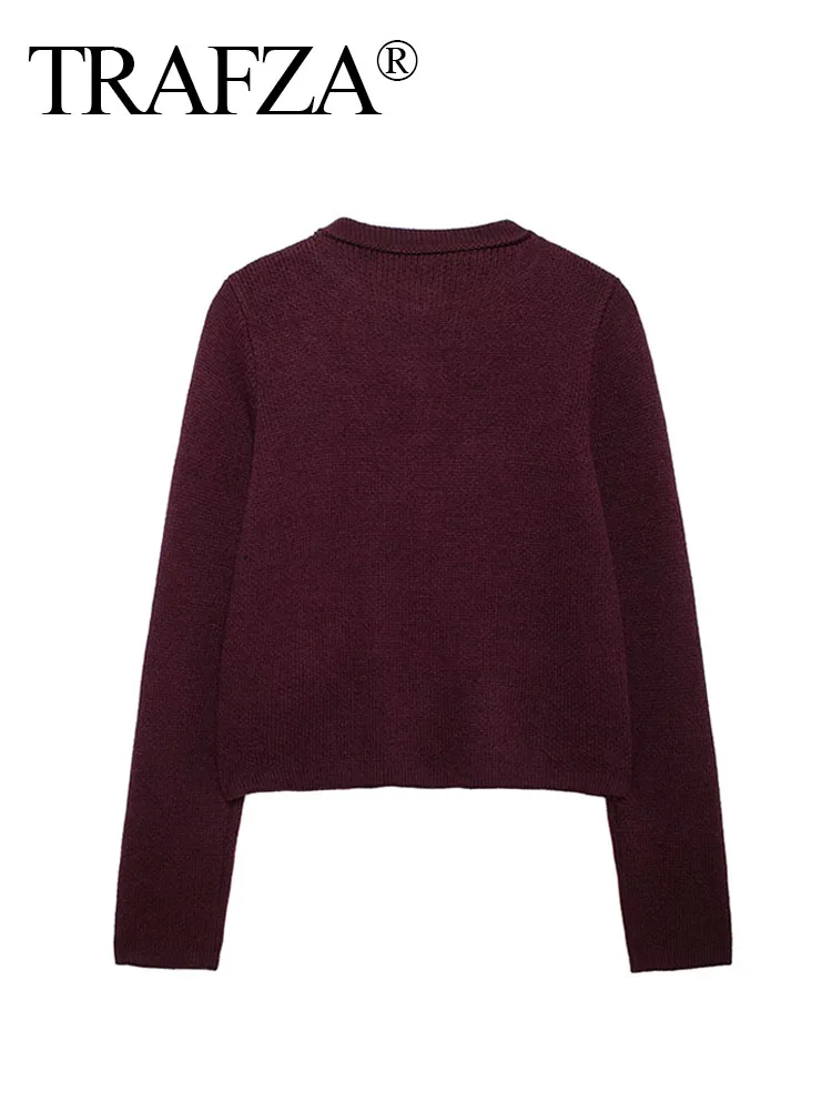 TRAFZA 2024 Female Chic Wine Red Cardigans O-Neck Long Sleeves Pockets Single Breasted Knitted Sweater Woman Autumn Trendy