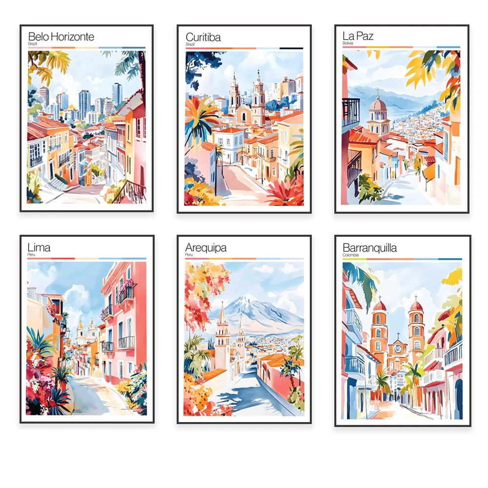 Carteles de viaje para Medellín, Manaus Brasil, Curitiba, Bucaramanga, Belo Horizonte, Cochabamba, Bolivia, Caracas, Arequipa Perú