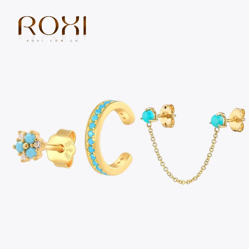 

ROXI 925 Sterling Silver Turquoise Jewelry Accessories Chain Ear Stud Earrings For Women Girl Luxury Unpiercing Ear Cuff Jewelry