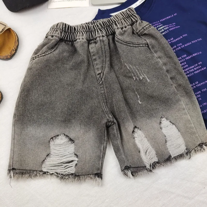 2026 Kids Boys Ripped Denim Shorts 2-10Years Casual Summer Jeans Bottoms Waist Elastic Children Clothes Outerdoor Boys Shorts