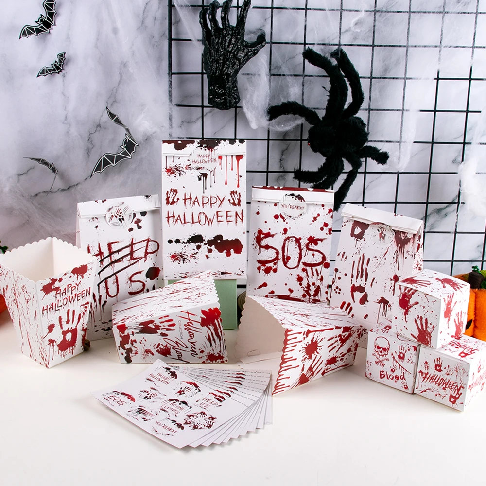 Halloween Blutiger Handabdruck Süßigkeiten Geschenktüten Popcorn Box Keks Verpackung Geschenktüten Spukhaus Dekor Halloween Partyzubehör