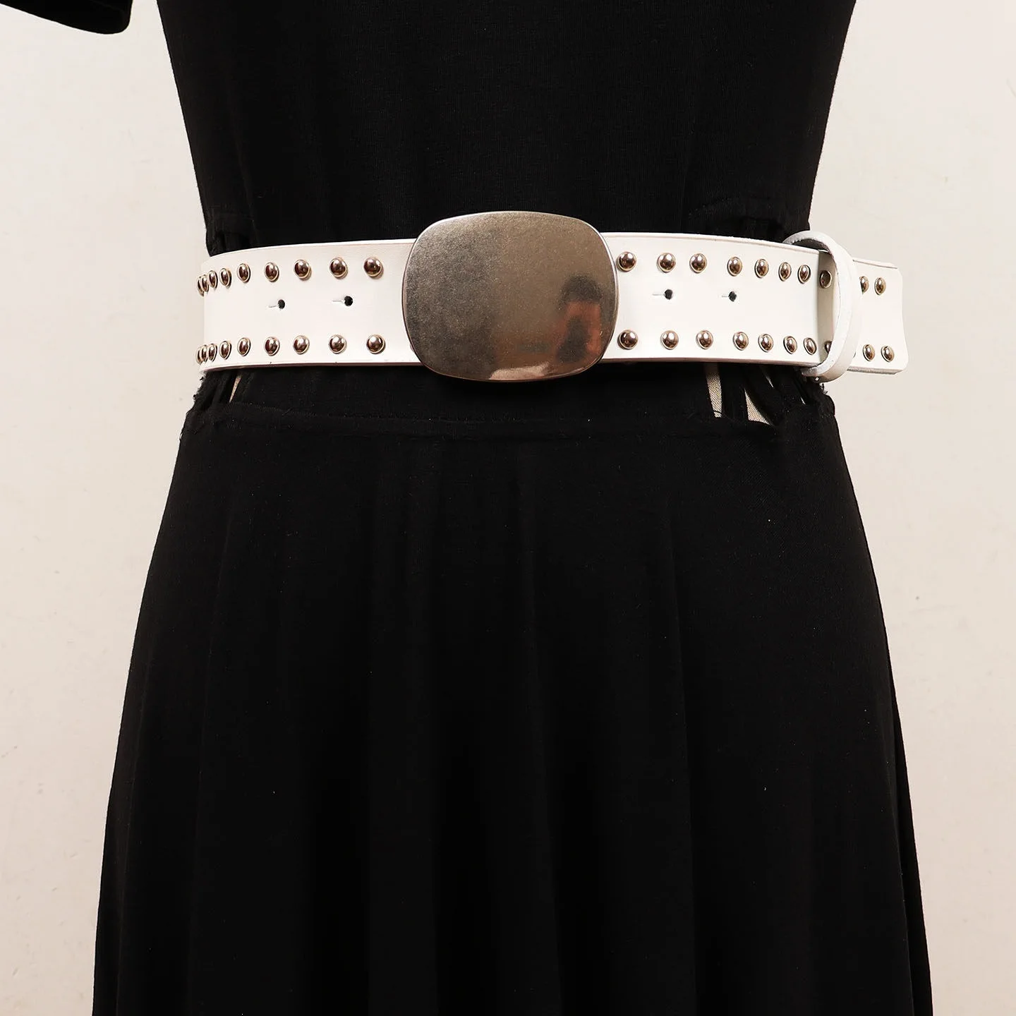 3.5cm Women's Design Retro Sense Metal Silver Square Buckle Rivet Punk Belts Female Simple Genuine Leather Waistband