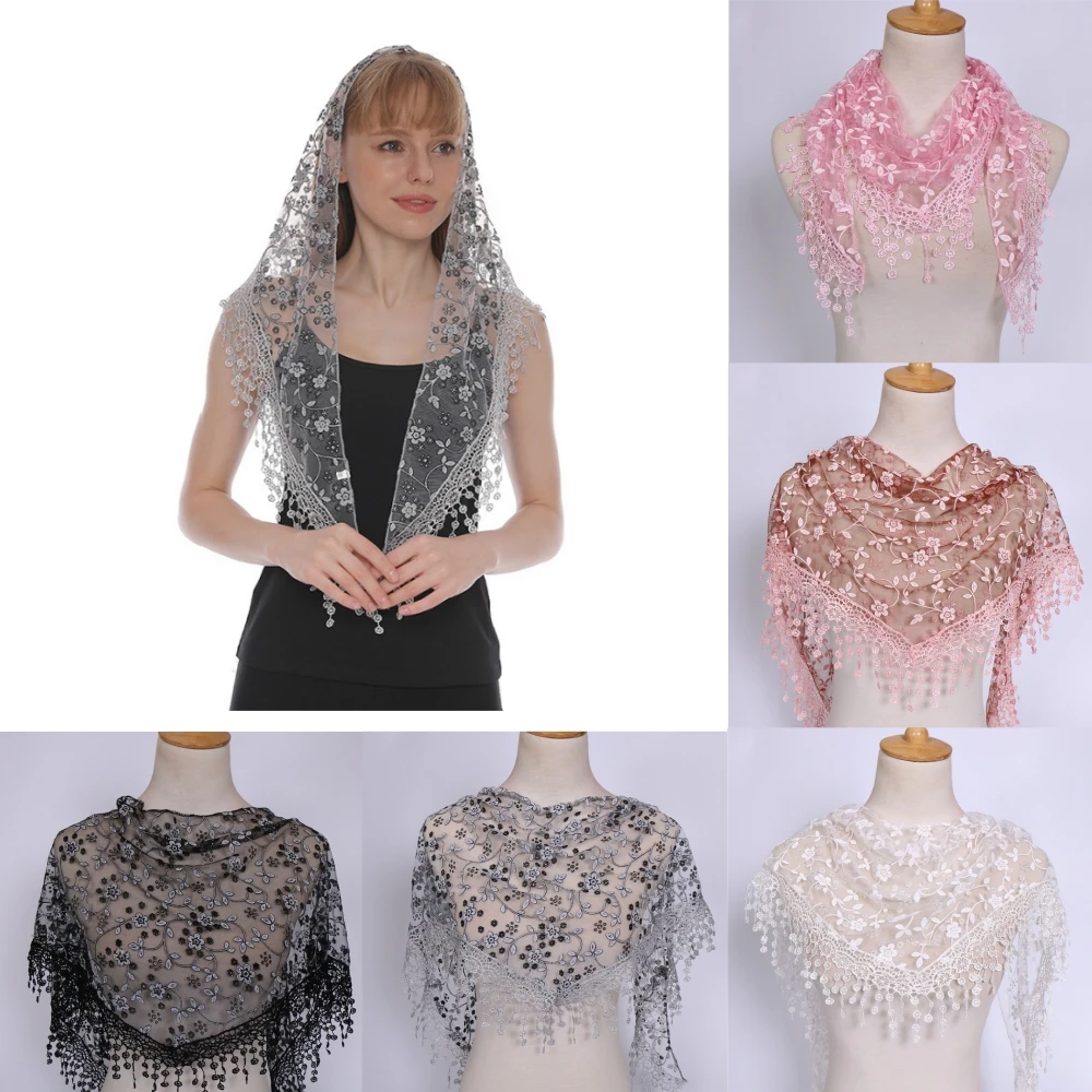 Floral Lace Triangle Veil Classic Breathable Hijab Hollow Out Hat Solid Color Shawl Cap Women Triangle Scarf Wrist Belt