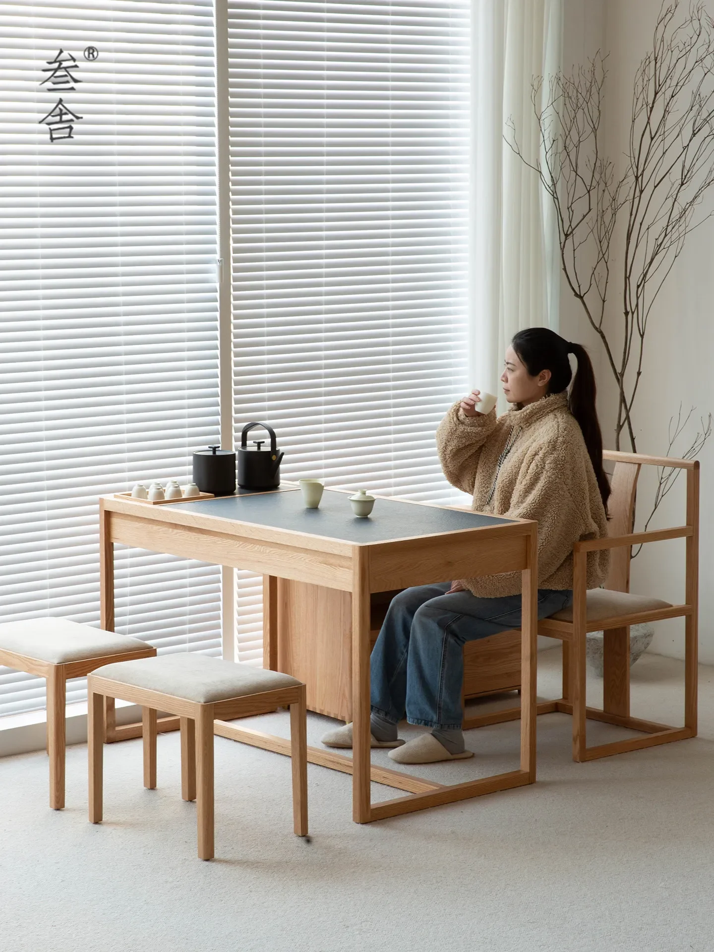 DSA-- apartment balcony oak solid wood tea table household modern embedded kettle rock slab tea table