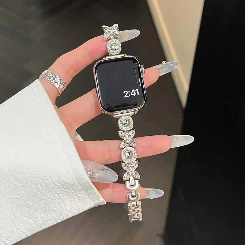 Bling Diamond Zircon Strap para Apple Watch, Pulseira de aço inoxidável para senhoras, IWatch 9, 8, 7, SE, 6, 5, 4, 44mm, 40mm, 42, 45, 41, 49