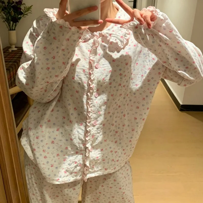 Women Spring Autumn Sweet Floral Pajama Set Korean Style Ruffle Trim Long Sleeve Button‑Up Ladies Soft Home Sleepwear Loungewear