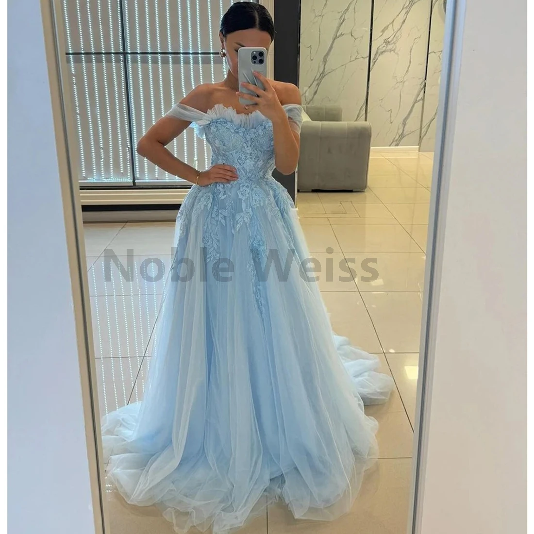 

Off Shoulder Tulle Evening Dress Floral Appliques A-LINE Women Wedding Party Gown Customize