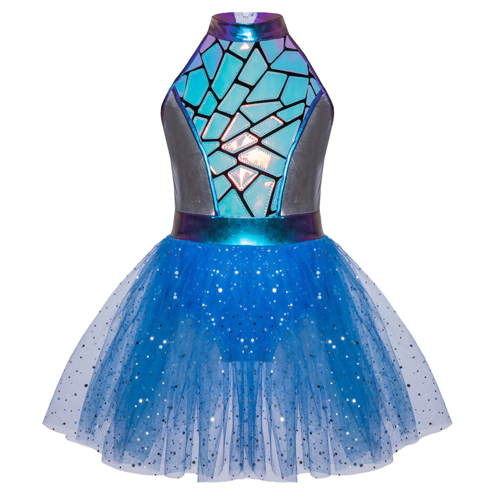 Disfraz de astronauta alienígena de cadete espacial para niñas, trajes de Halloween, vestido de Robot tutú de Ballet con cuello Halter metálico brillante con lentejuelas