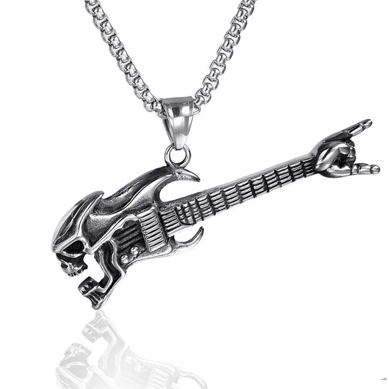 Exquisite Fashion Creative Skeleton Bass Guitar Gesture Pendant Necklace Men's Punk Hip Hop Retro Music Necklace Jewelry 2022