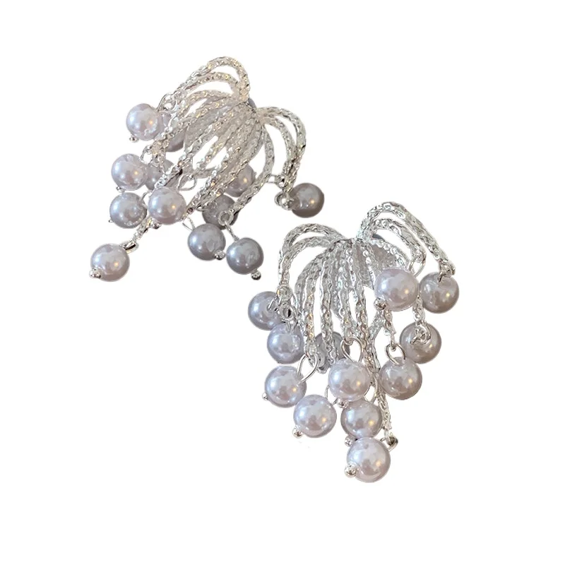 

Серьги с кисточками и жемчугом, высококачественные большие серьги-гвоздики, легкие роскошные европейские и американские преувеличенные серебряные серьги-водопад.