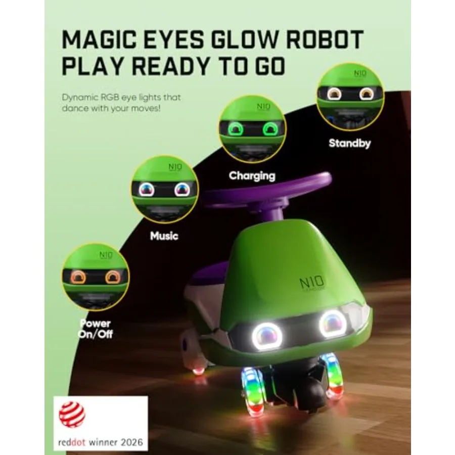 N10 Pro Electric Wiggle Car, USB-C Fast Charging, One-Click Detachable Mop, RGB Eye Lights, Flashing Wheels, Bluetooth, Anti-Rollover, GlideWiz, Ride on Toys for Ages 3+, 150 Lbs, Green