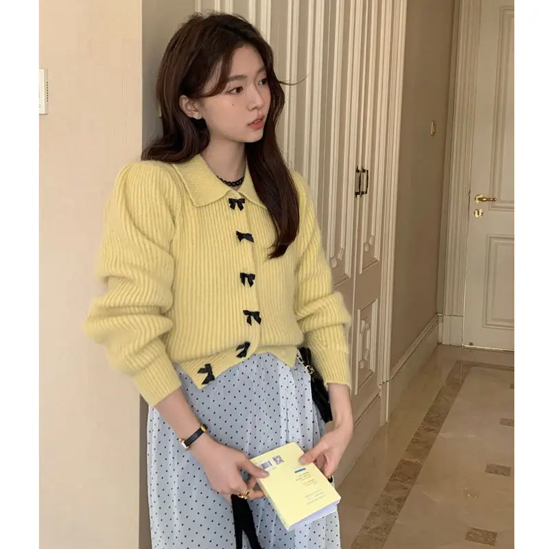 Kimotimo Korean Sweet Bow Peter Pan Collar Sweater Cardigan Women Autumn Winter Gentle Lazy Long Sleeve Slim Knitted Crop Tops