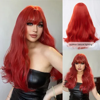 شعر مستعار اصطناعي لهب أحمر مع فرقعة للنساء ، شعر مموج طبيعي طويل ، مقاوم للحرارة ، تأثيري للحفلات اليومية ، 24
