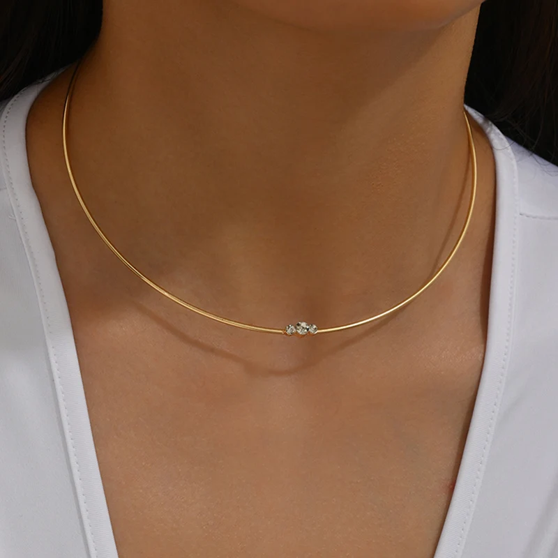 Fashion Tiny Line Torque Necklace for Women Girls Gold Plated CZ Zircon Open Cuff Collar Choker Necklaces Jewelry Gifts