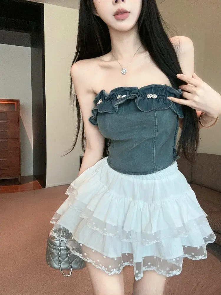 

Сексуальный сладкий и пряный комплект с юбкой для девочек, надувной джинсовый топ с запахом на груди и боты, летняя модная женская одежда