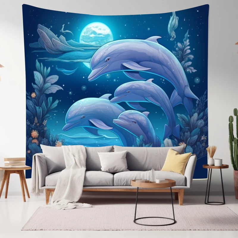 

Various Size Stunning Multicolor Sunset Ocean Moonlit Polyester Tapestry with Magical Whale and Vibrant Dolphin -Boho Wall Decor