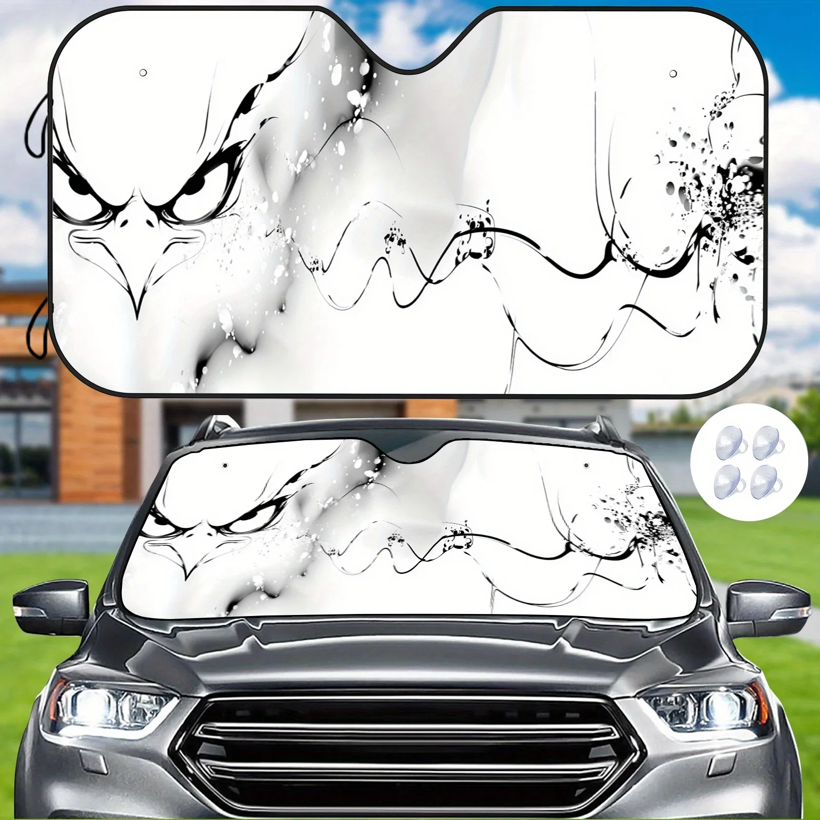 The Ink Wash Eagle Shadow Car Sunshade Features A Black And White Ink Painting Of An Eagle'S Head, Is Easy To Install, And Comes