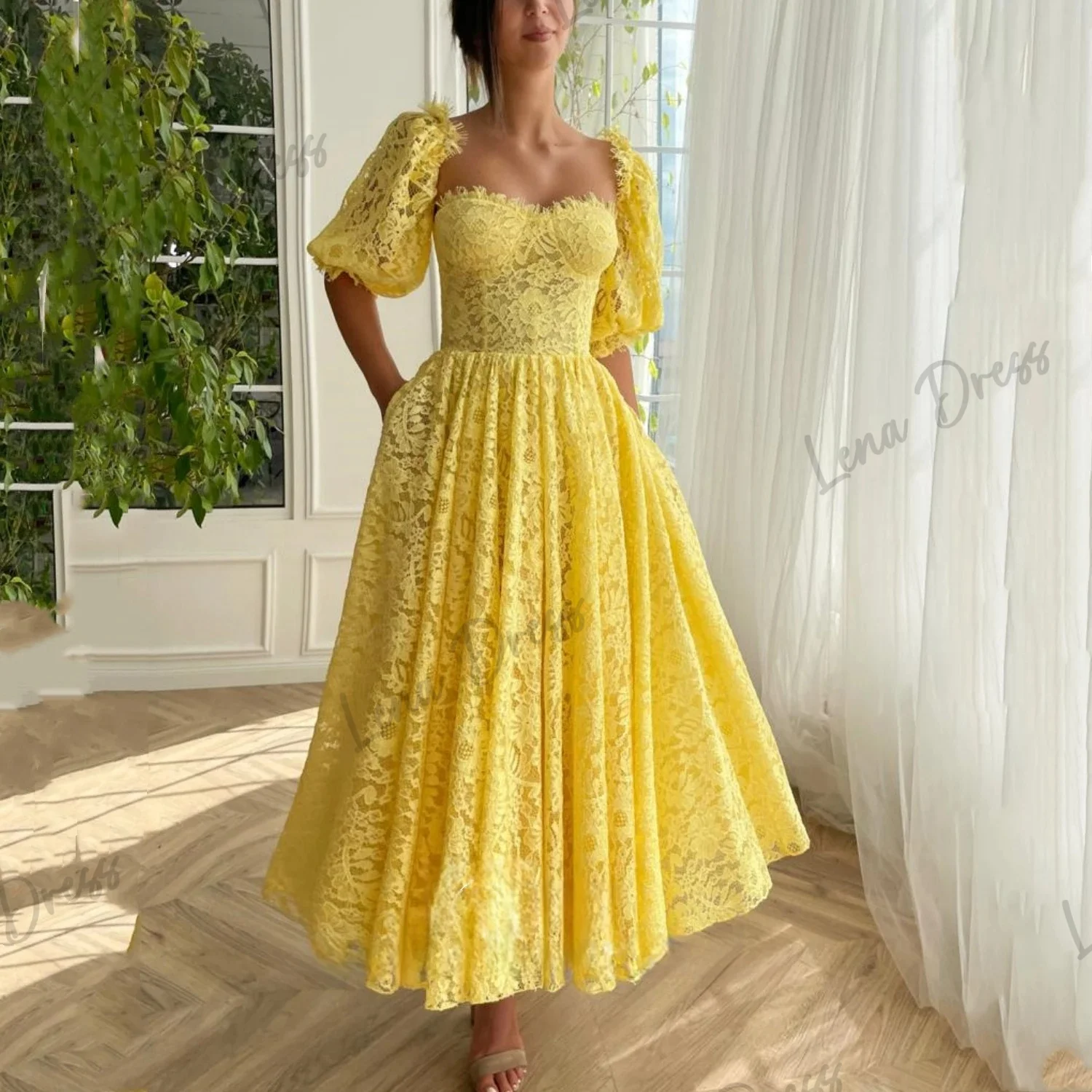 Lena Square Collar Women\'s Elegant Dresses for Parties 2024 Line A Evening Gown Lace Graduation Dresses Woman Yellow Ball Gowns