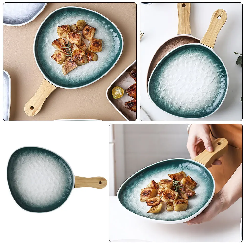 

1Pcs Ceramic Steak Plate Green with Wood Handle Creative Food Serving Dish Salad Dessert Baking Plate Food Serving Dish