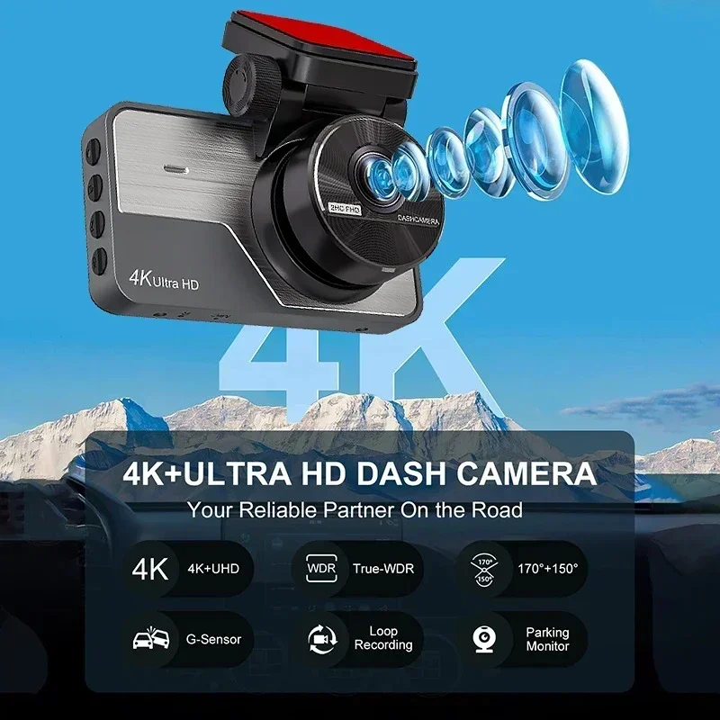 4K Ultra HD Dual Dash Cam 3.0'' IPS Screen WiFi Connection With App Control 170° Wide Angle Night Vision G-Sensor Parking Mode