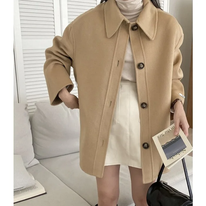 

Women's Woolen Coat Loose Fit Belted Lapel Single Button Sli Autumn Winter Faion Outerwear Korean Sle Slimming Effect