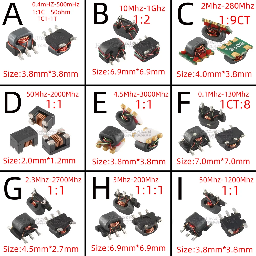 5pcs TC1-1T SMD SMT RF Signal Balun Transformer 0.4-500MHz 75mHz 800mHz 1:4CT 1:4 1:1CT 1:1 1CT:2 Flux Coupled BalancedUnbalance