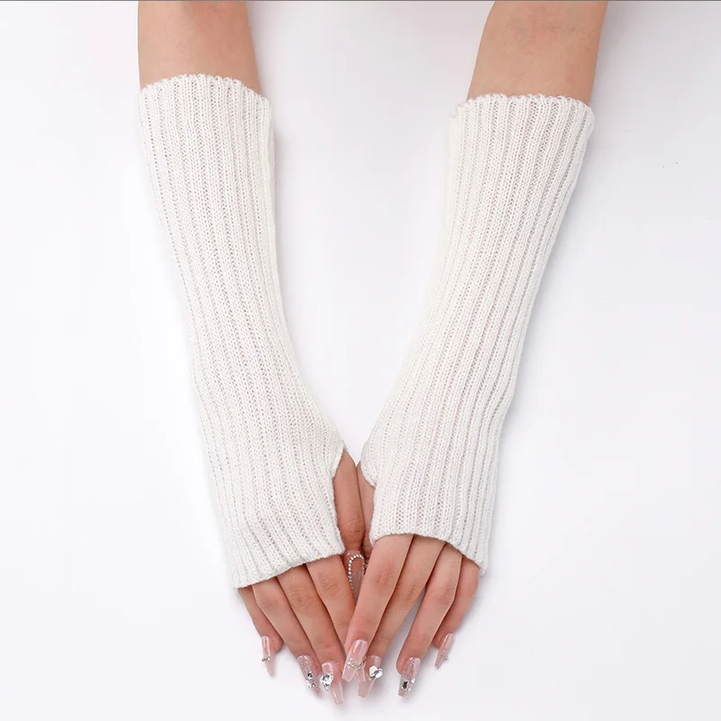 1pair Autumn Winter Woolen Sleeves Men and Women Medium To Long Knitted Warm Sleeves Exposed Fingers Fake Sleeves Striped Gloves