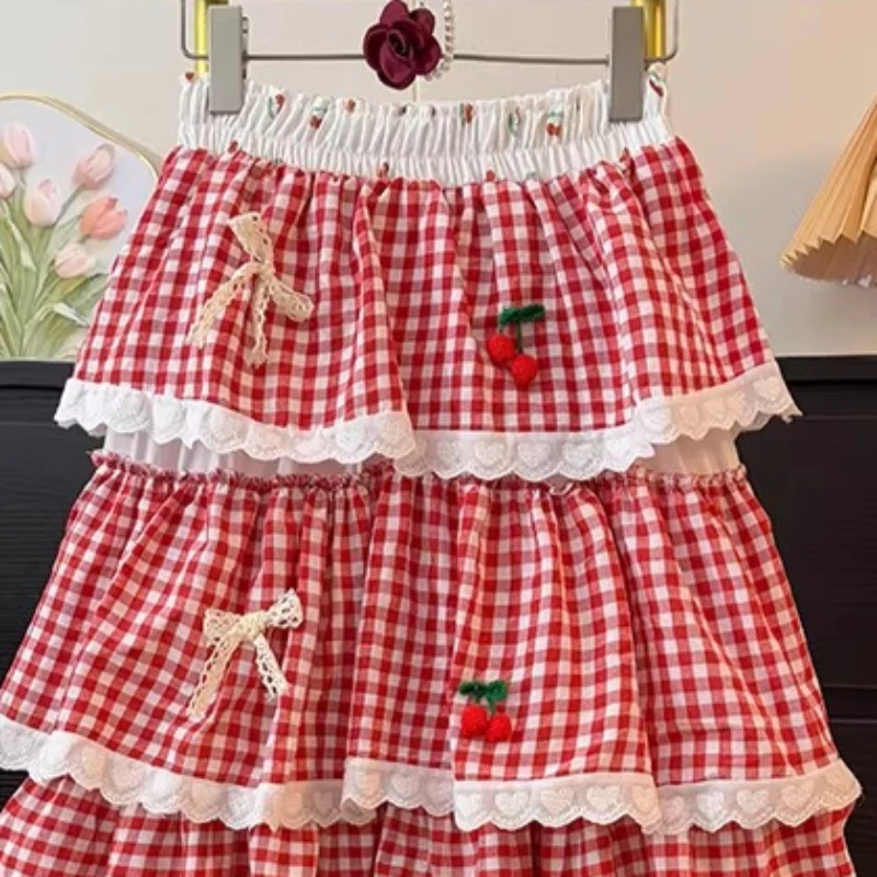Sweet Plaid Skirts For Women Japanese Style Ruffles Spring Autumn Long Skirt Cute Cartoon Y2k Fashion Faldas Mujer