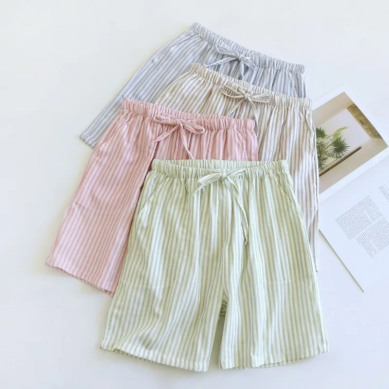 

Новые женские летние шорты 2026 года из 100% хлопковой марли в полоску, тонкие домашние брюки, свободные пляжные штаны, женская одежда для сна