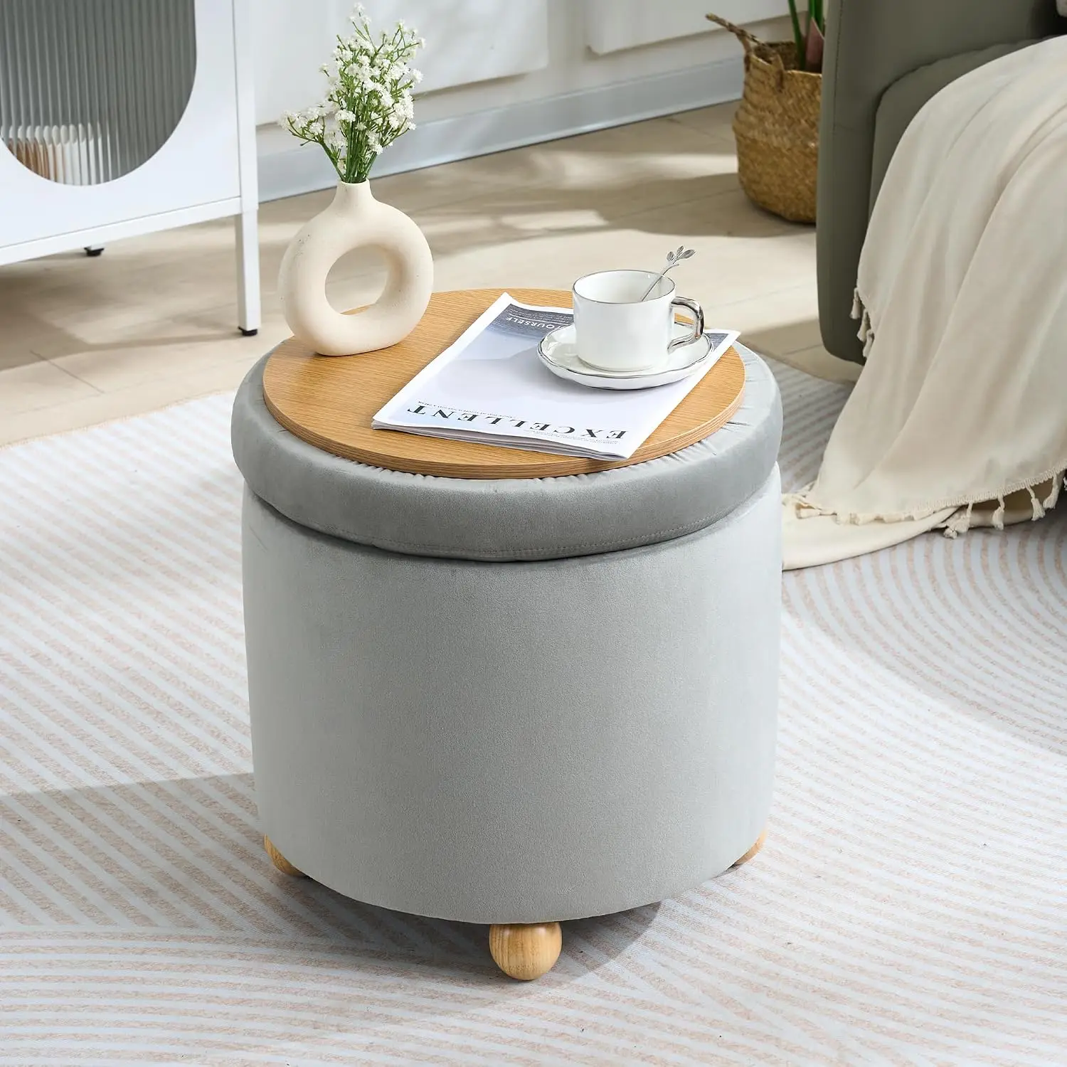 Round Storage Ottoman Button Tufted Upholstered Foot Stool Wooden Legs Removable Lid Living Room Bedroom Entryway, Customized