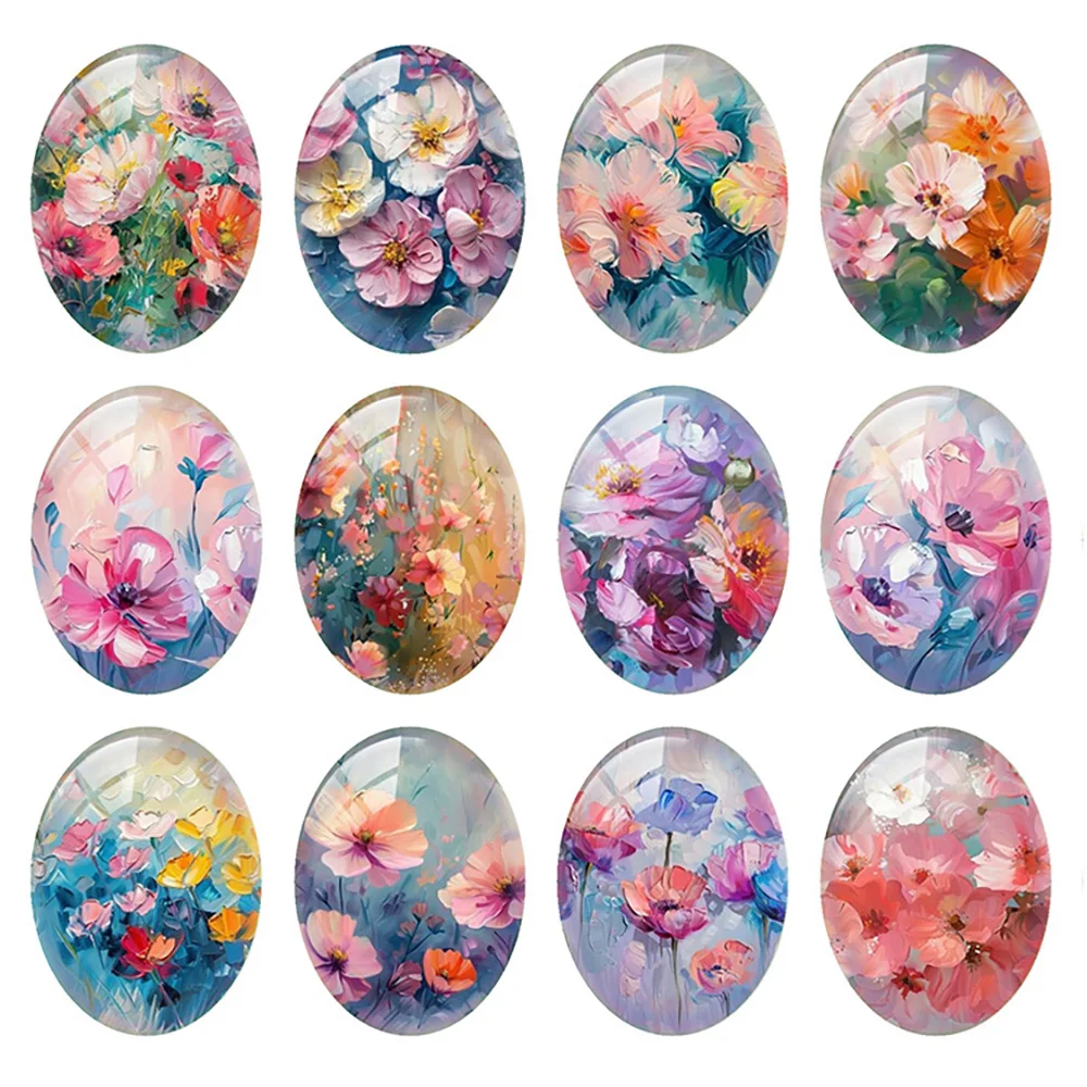 

Random Mixed Round/Oval/Square Oil Painting Flower Photo Glass Cabochon Flatback Demo Cameo For Diy Jewelry Making