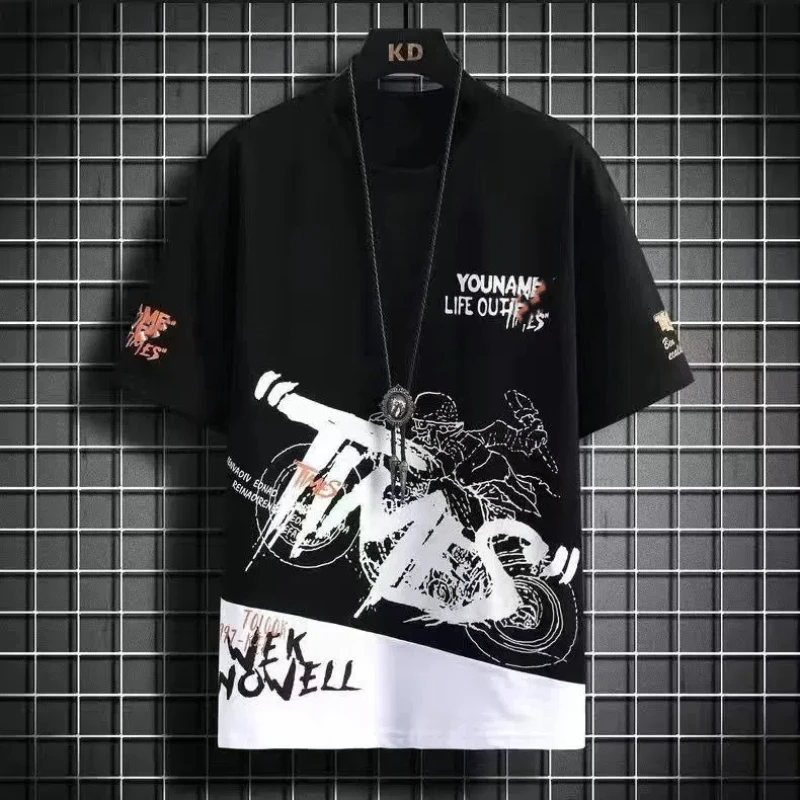 Men\'s Trend Letter Print Tops Tees Summer New Short Sleeve O-neck Plus Size Contrast Loose T Shirts Fashion Casual Men Clothing