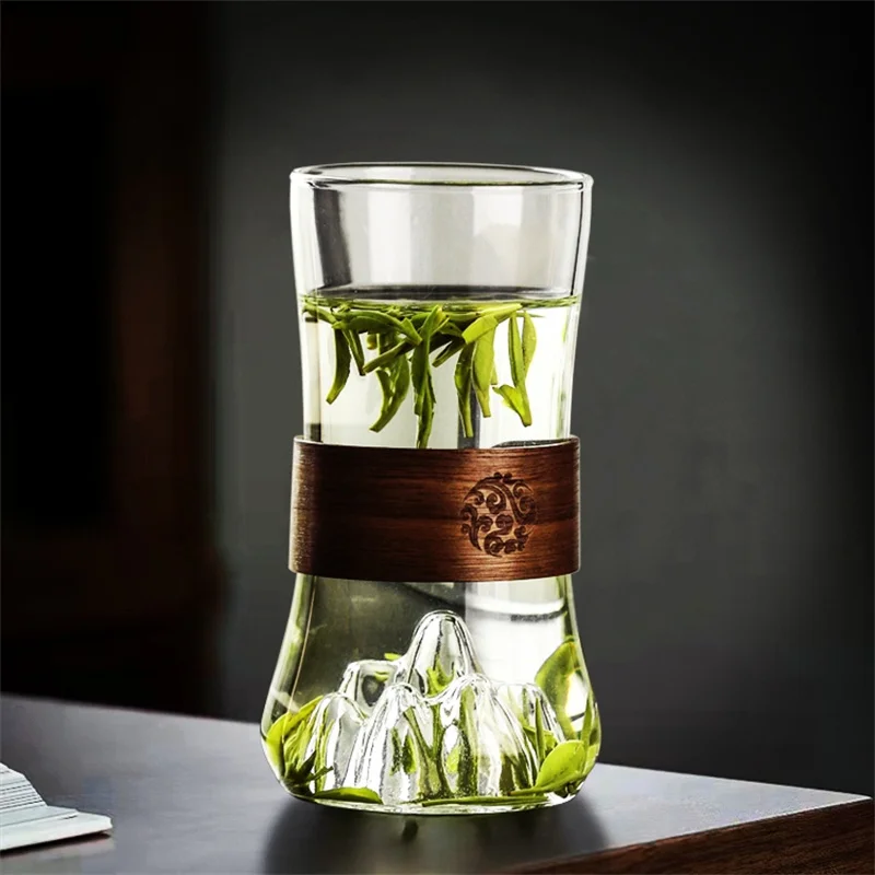 Japanese Style Heat-resistant Glass Tea Cup With Scald Proof Holder Bottom Mountain View Glass Coffee Mug Drinkware