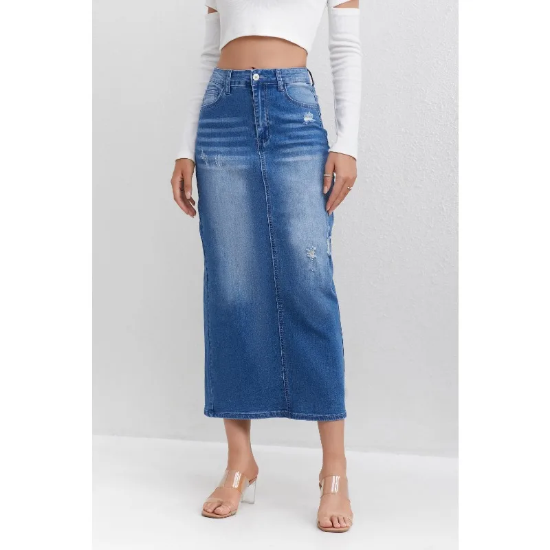 

Women's Casual and Elegant High Waist with A Slit At The Back, Pencil Skirt At The Hem, Hip Hugging Skirt, Worn Denim Half Skirt