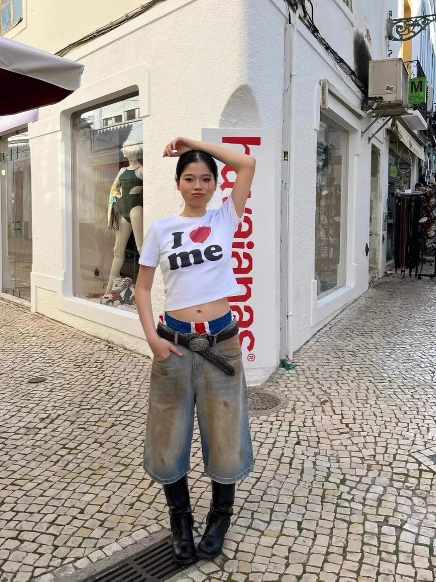 Jaded London American Sle Dir Dye adient Jeans High Waist Medium Length Five-Pointer Classic Straight Leg Blue Denim Pants